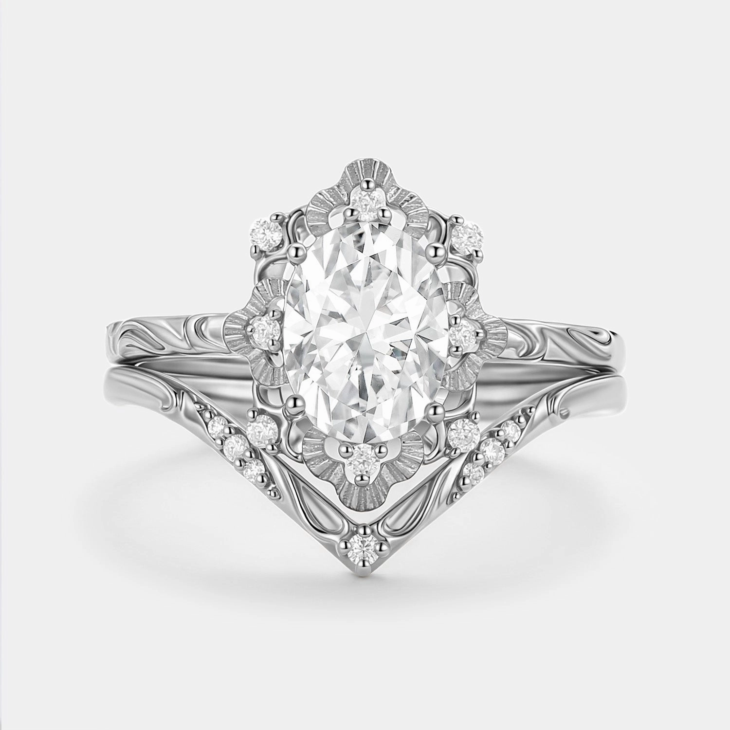 Polished Spark Exclusive Sparkle Oval Cut Engraved Moissanite Vintage Ring Set 2pcs - Velvet