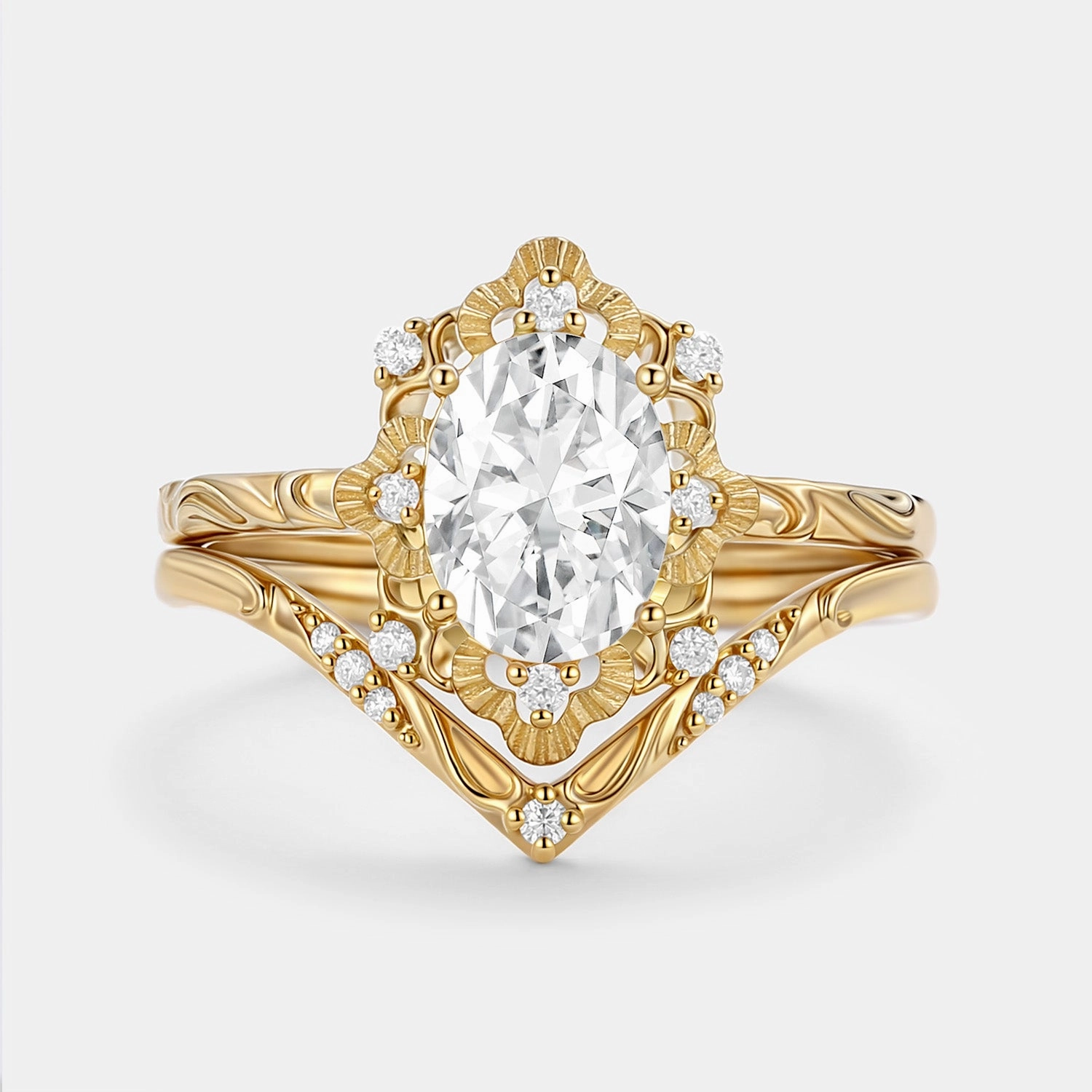 night look Oval Cut Engraved Moissanite Vintage Ring Set 2pcs - Velvet