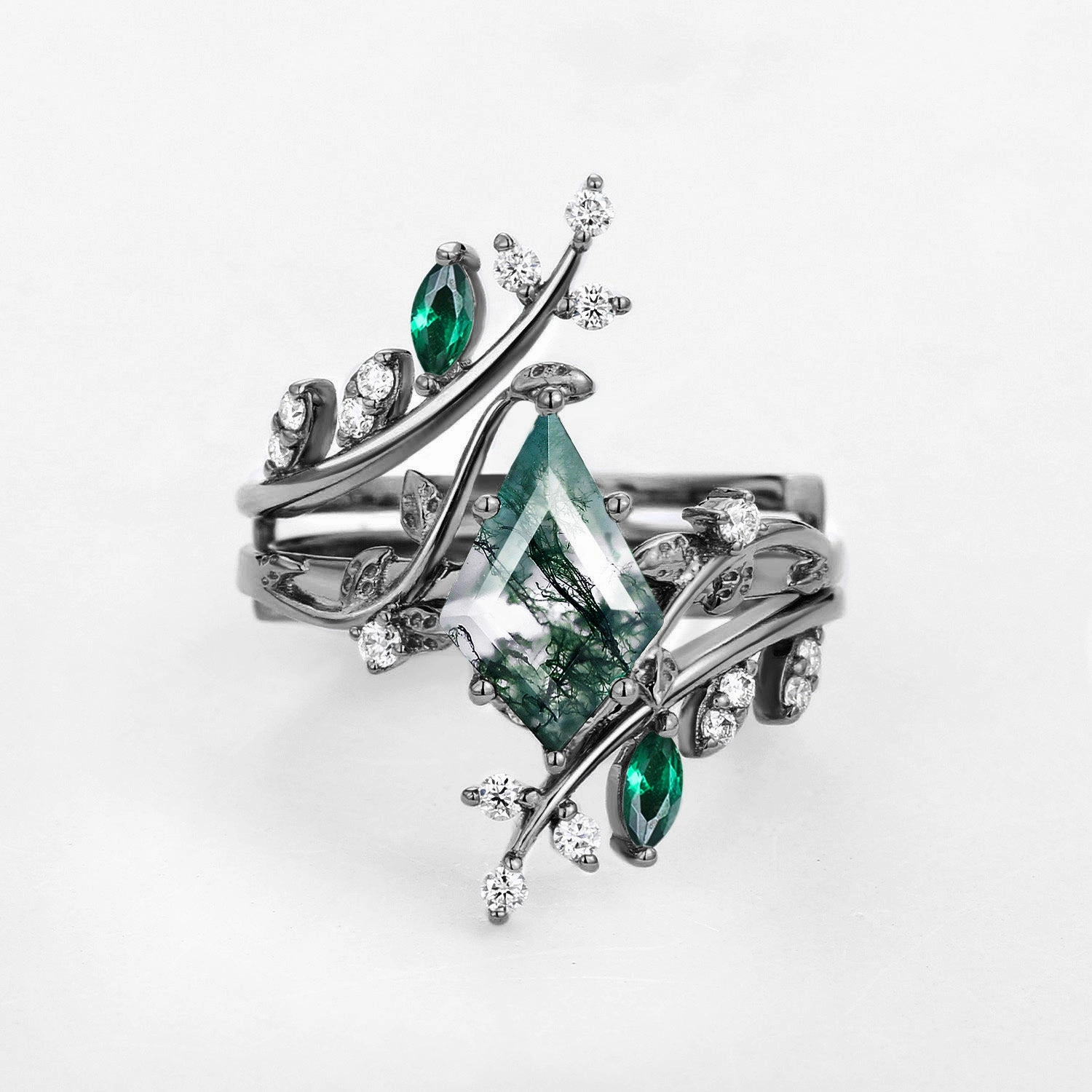 Black Gold Kite Cut Moss Agate & Emerald Cage Leafy Engagement Ring Sets 2pcs Dainty Accessory Sculpted Edge