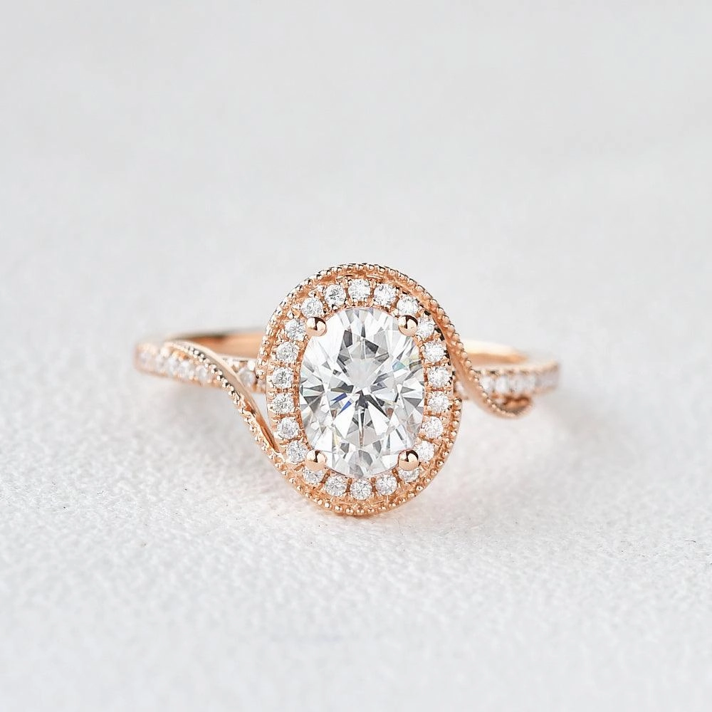 clean look Clear Style Twist Oval Moissanite Halo Inspired Ring