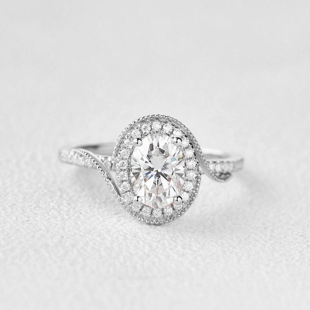 Twist Oval Moissanite Halo Inspired Ring Glamour Finish