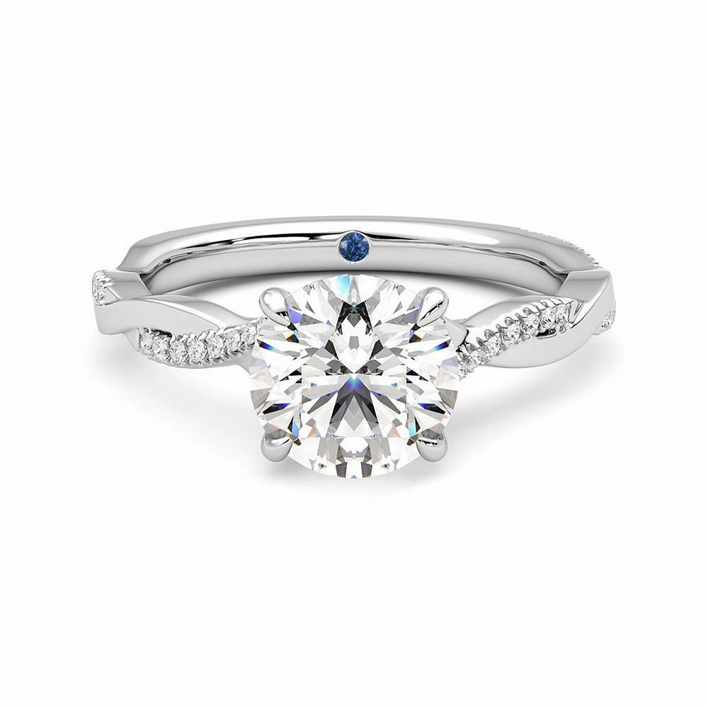Fresh Mood Silhouetted Shine Twisted Band Round Moissanite Engagement Ring with Hidden Anniversary Stone Accent