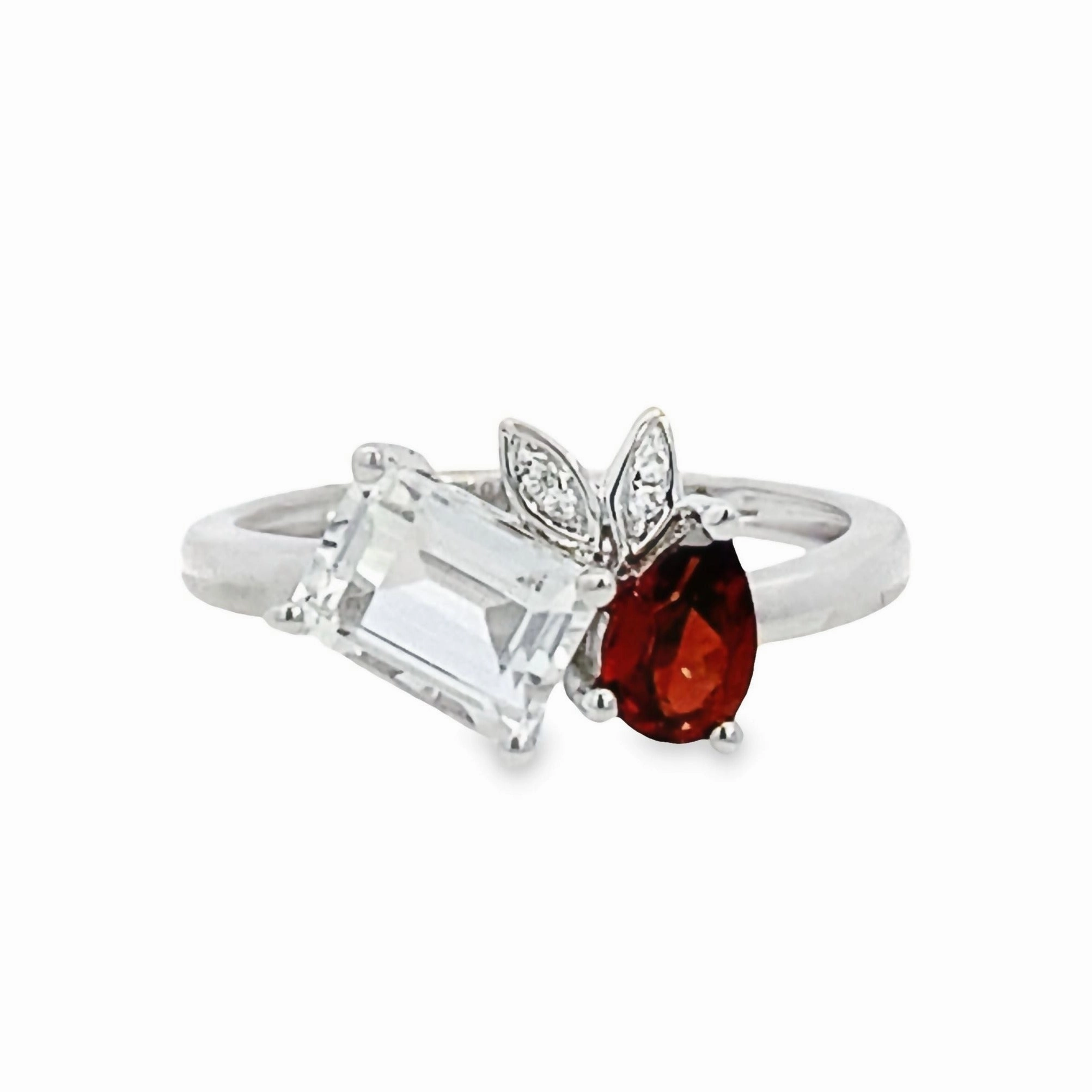 Two-Stone Garnet and White Topaz Diamond Ring Ornate Insignia