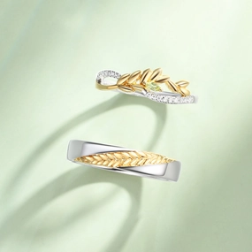 Two-tone Leafy Minimalism Moissanite Couple Ring Set 2pcs - Wheat Impeccable Finish