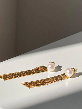 Two-Way Freshwater Pearl Gold Long Tassel Ear Jackets Shiny Decor