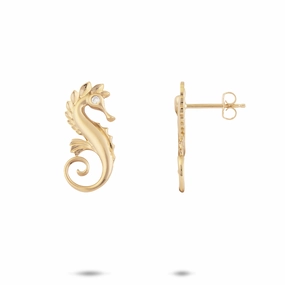 Gleaming Form Ocean Dance Seahorse Earrings in Gold with Diamonds - 20mm