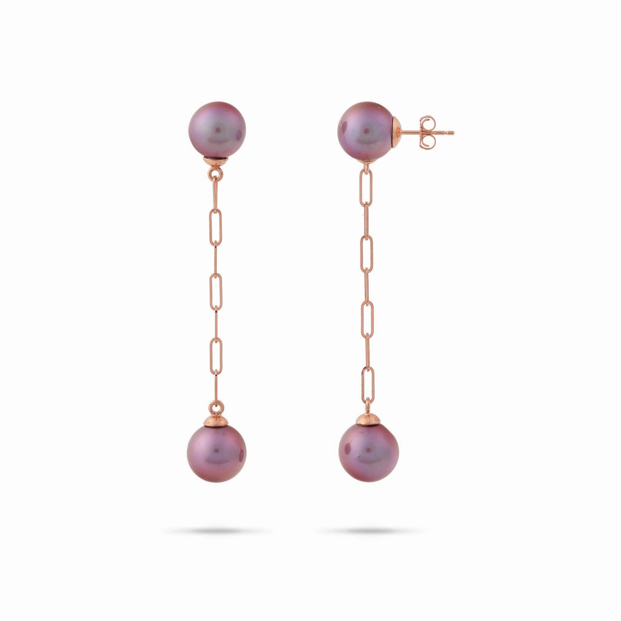 Ultraviolet Freshwater Pearl Paperclip Chain Earrings in Rose Gold - 9-10mm Holiday Trinket Miniature Piece