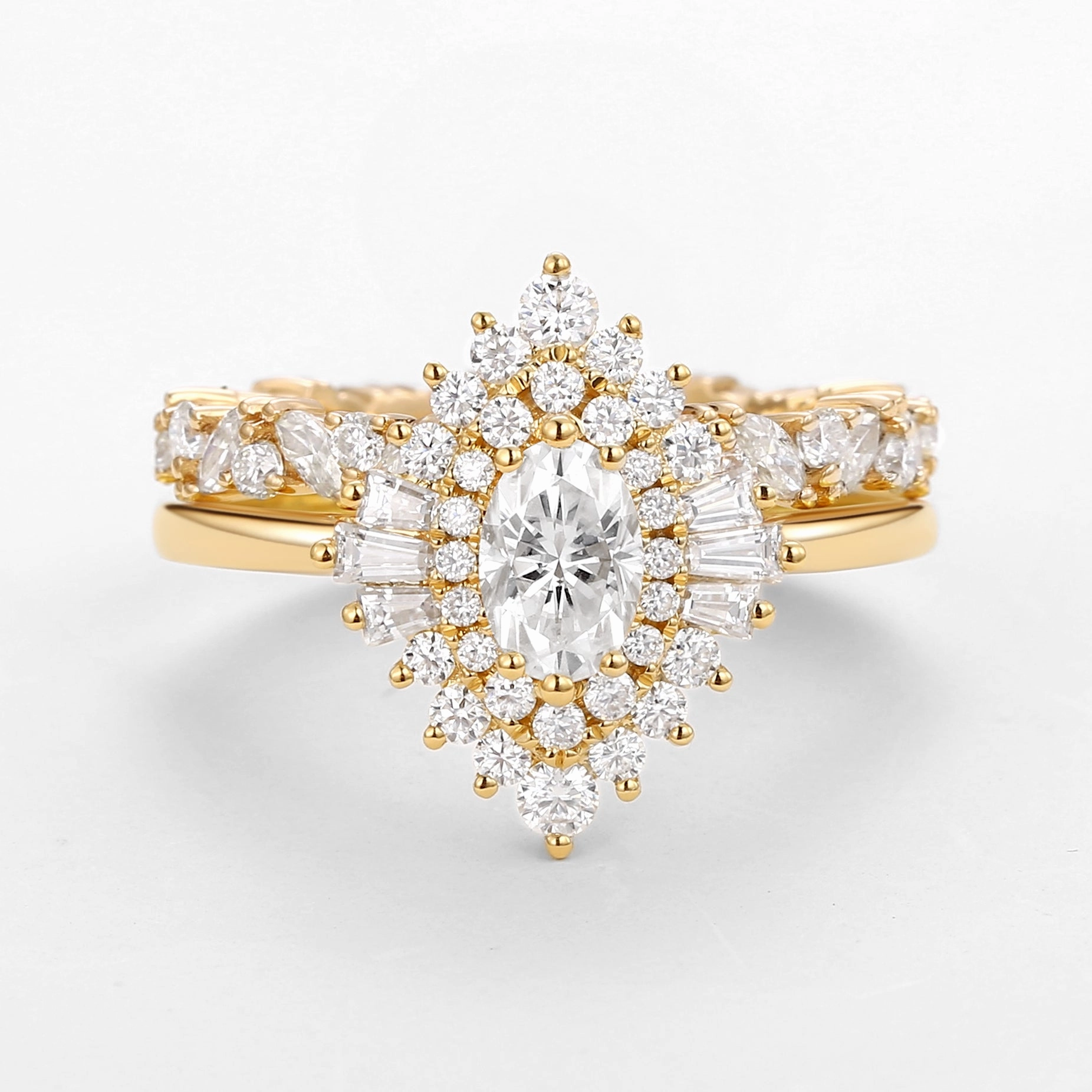 Sparkle Focus Oval Cut Art Deco Moissanite Minimalist Halo Ring Set 2pcs - Valerie