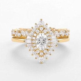 Fashionable Edge Handcrafted Detail Oval Cut Art Deco Moissanite Minimalist Halo Ring Set 2pcs - Valerie