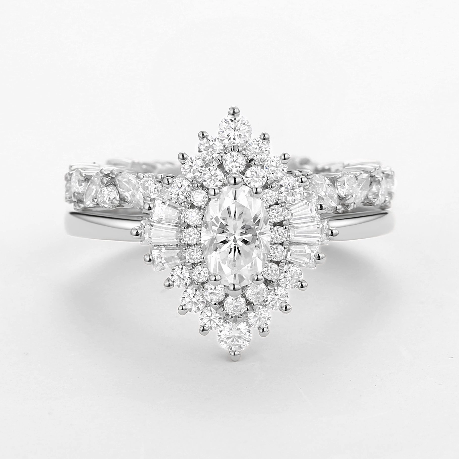 Oval Cut Art Deco Moissanite Minimalist Halo Ring Set 2pcs - Valerie Luxe Accent Charming Jewelry Shine