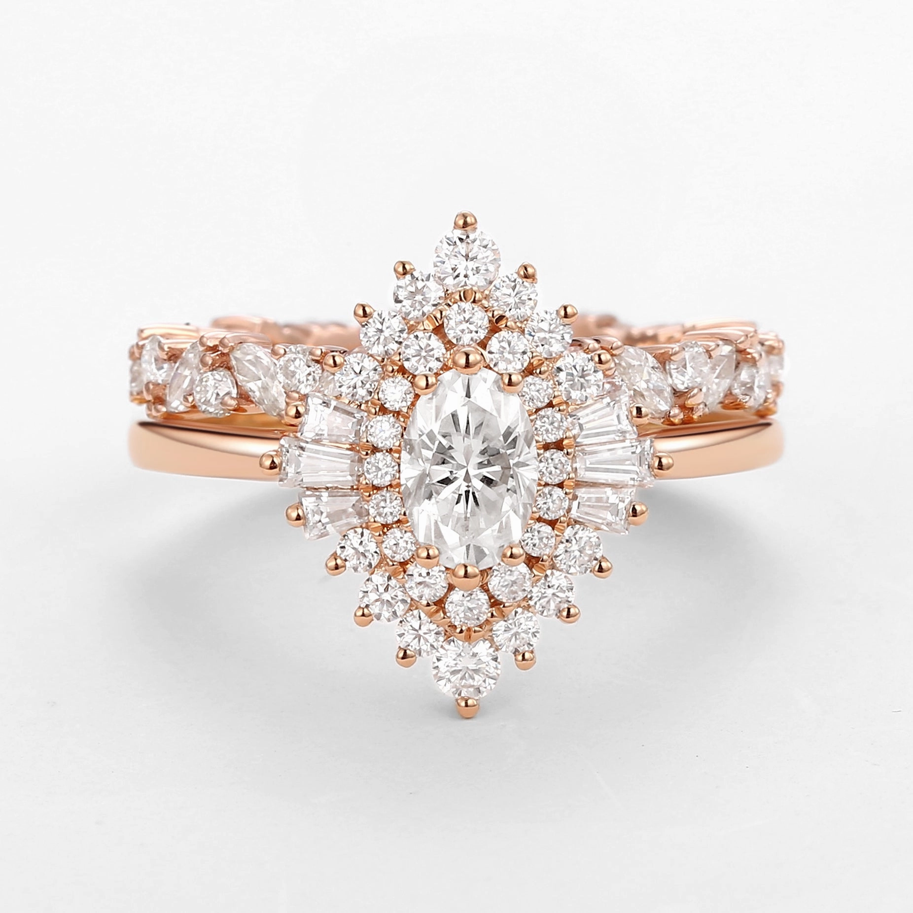 Perfect Sparkle Oval Cut Art Deco Moissanite Minimalist Halo Ring Set 2pcs - Valerie