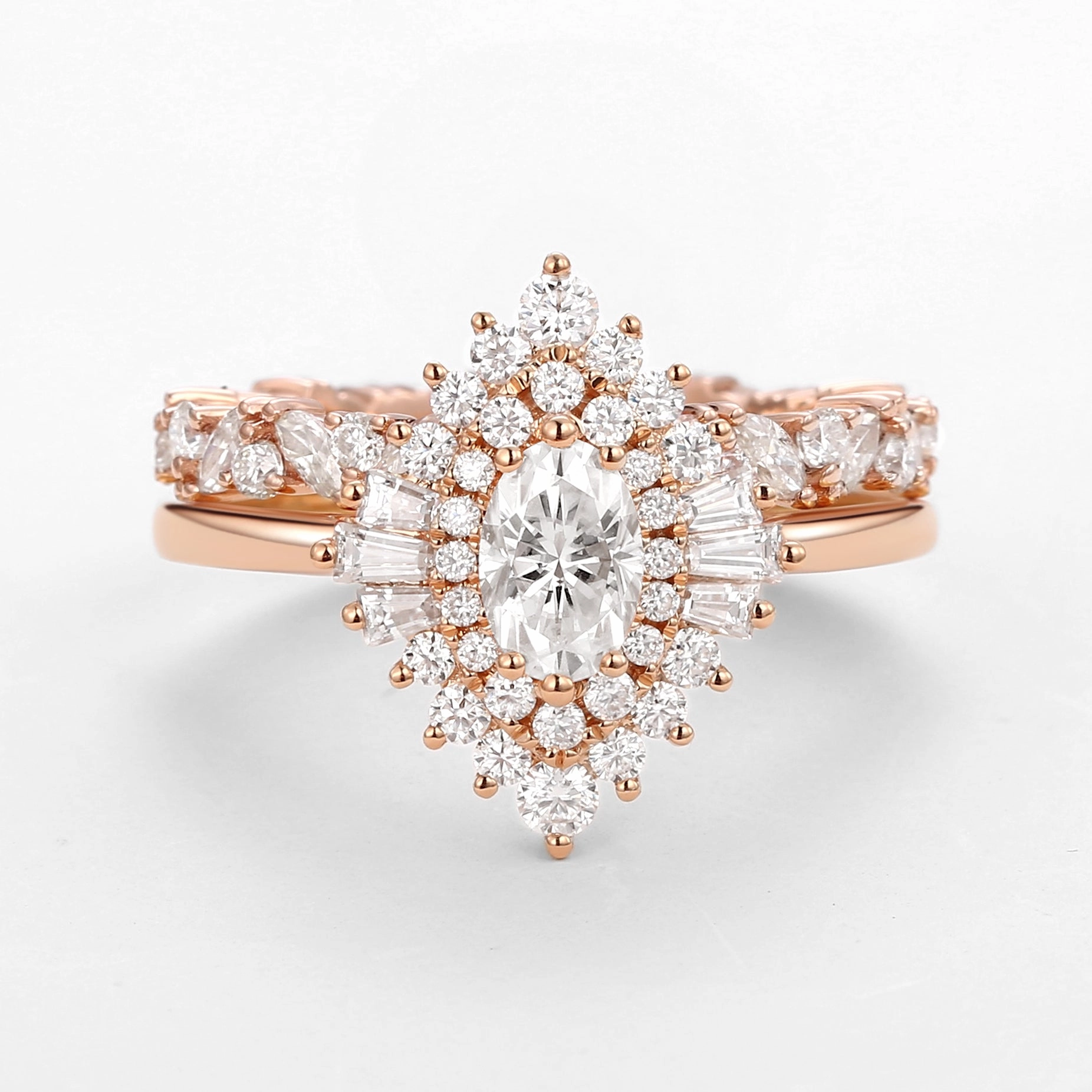 Formal Event Oval Cut Art Deco Moissanite Minimalist Halo Ring Set 2pcs - Valerie