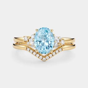 Oval Cut Aquamarine Classic Cluster Gold Ring Set 2pcs - Neptuna Sculpted Detail Simple Touch