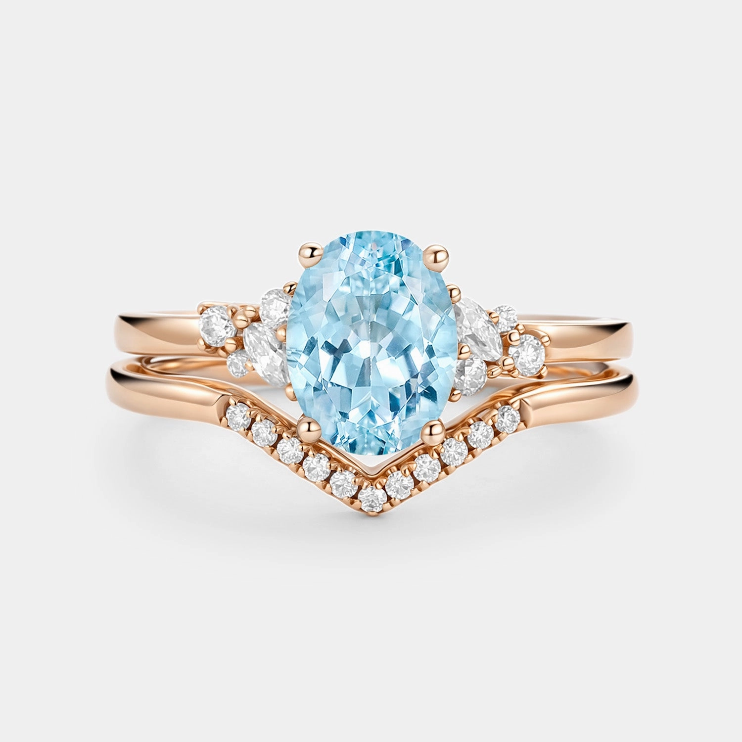 Oval Cut Aquamarine Classic Cluster Gold Ring Set 2pcs - Neptuna Bright design