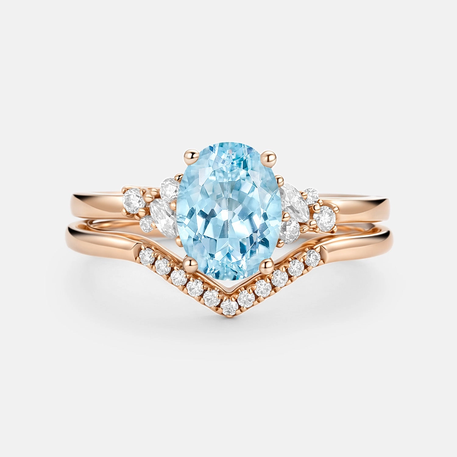 Oval Cut Aquamarine Classic Cluster Gold Ring Set 2pcs - Neptuna Formal Attire