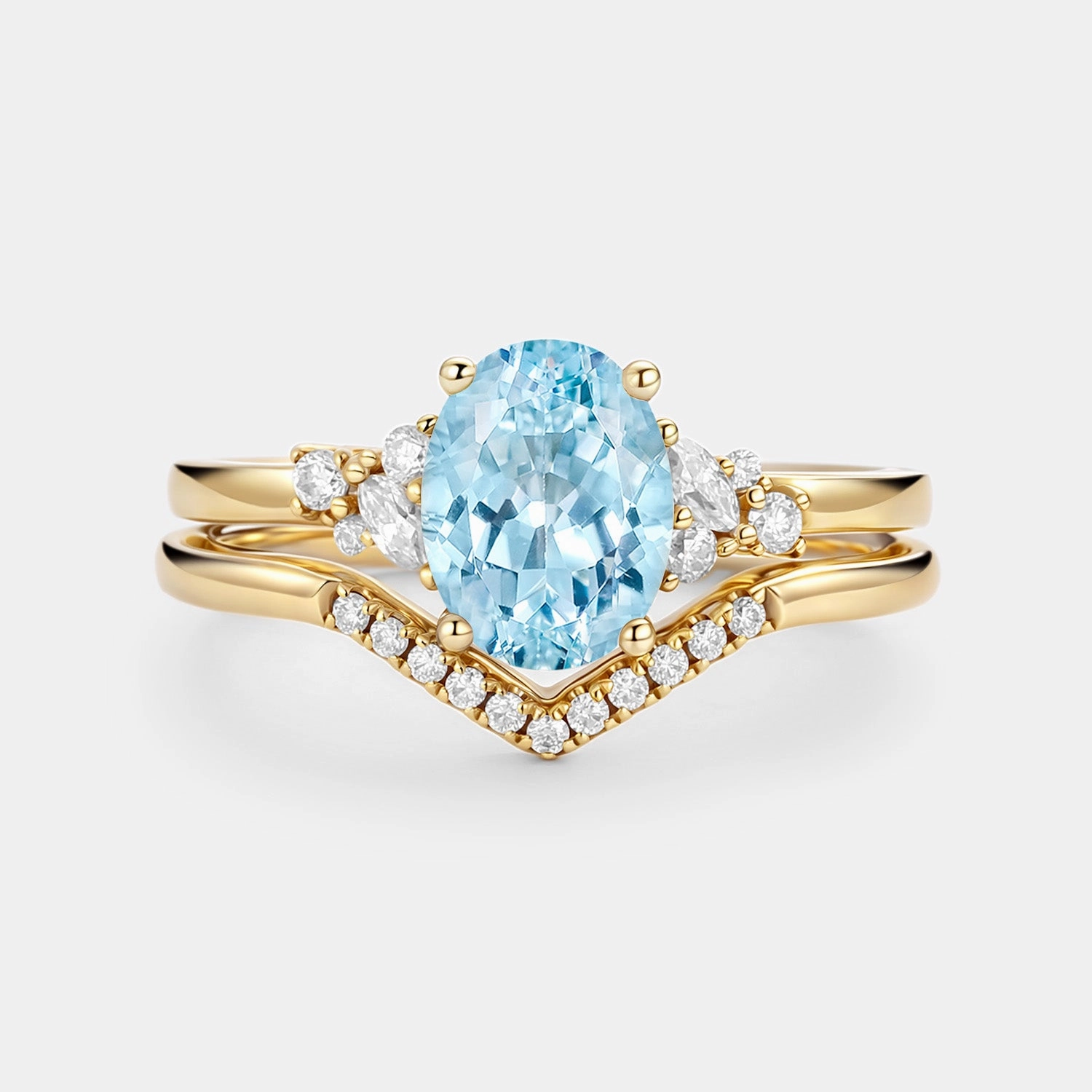 Oval Cut Aquamarine Classic Cluster Gold Ring Set 2pcs - Neptuna Sculpted Detail Simple Touch
