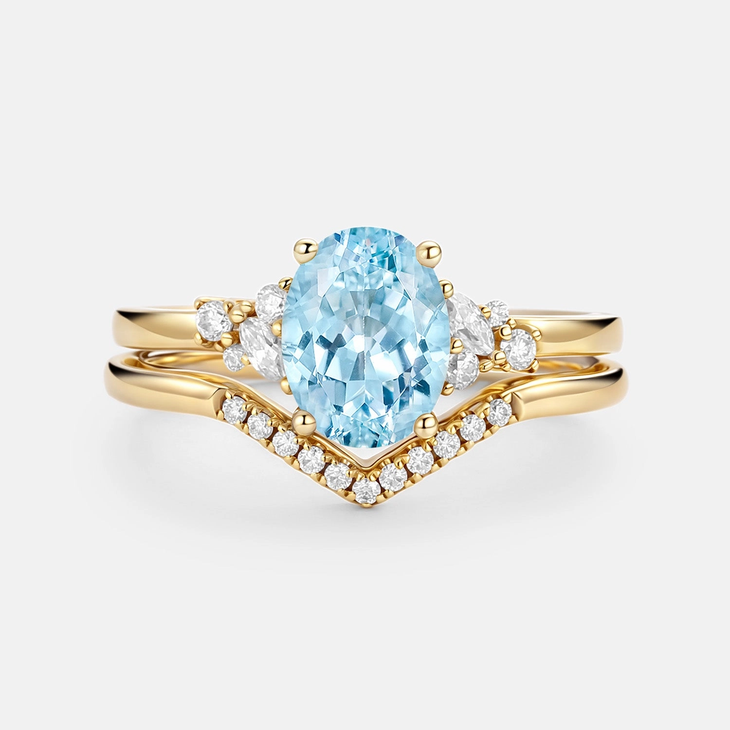 Oval Cut Aquamarine Classic Cluster Gold Ring Set 2pcs - Neptuna Luxury Touch Sophisticated Charm