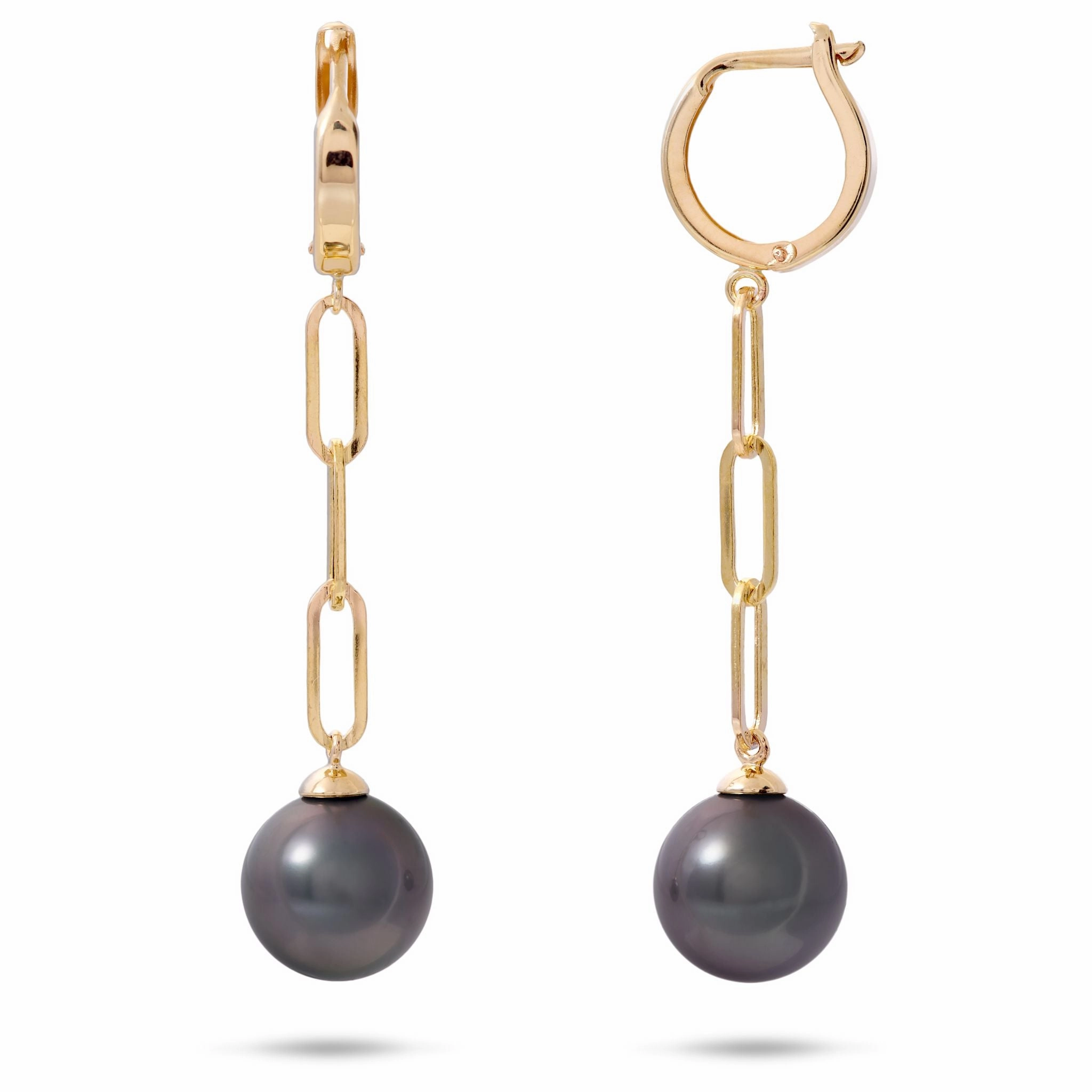 Tahitian Black Pearl Paperclip Chain Earrings in Gold - 10-11mm Bold Fashion Timeless Glam