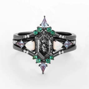 Sophisticated Gifts Refined Look Black Rutilated Quartz & Alexandrite & Emerald Elongated Hexagon Engagement Ring Set 3pcs - Max