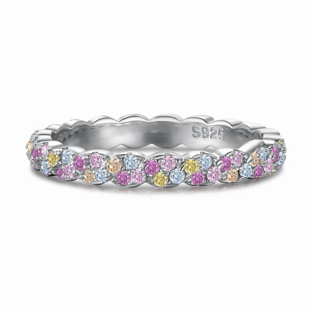 Sentimental Craft Sterling Silver Multicolor CZ Eternity Ring - Rainbow Round Cut Gemstones