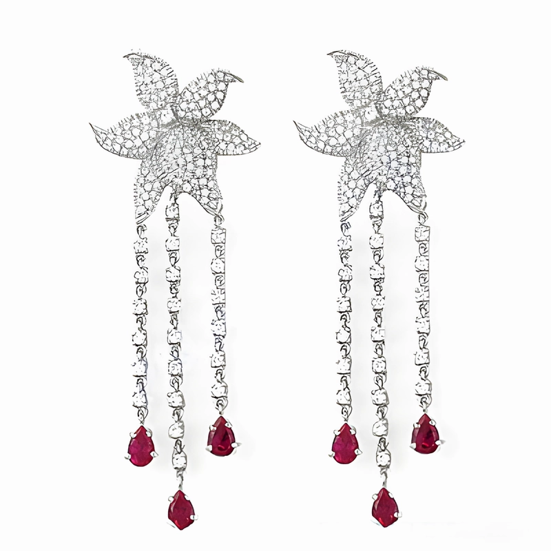 Luxurious Accessory Safe Essential Stunning Red Gemstone Silver Earrings with Cubic Zirconia - Rocking Flower Style