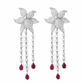 Luxurious Accessory Safe Essential Stunning Red Gemstone Silver Earrings with Cubic Zirconia - Rocking Flower Style