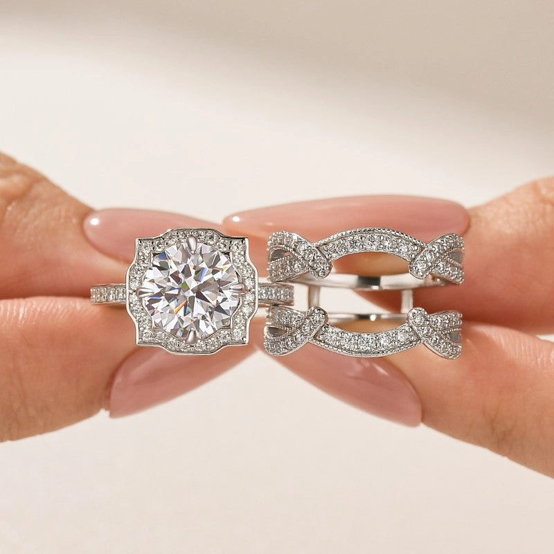 Precious Gifts Elegant Beauty Moissanite 3.0Ct Halo Round Cut White Gold Stack Wedding Ring with Enhancer Wedding Band