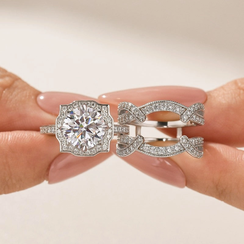 Moissanite 3.0Ct Halo Round Cut White Gold Stack Wedding Ring with Enhancer Wedding Band Fresh Highlight