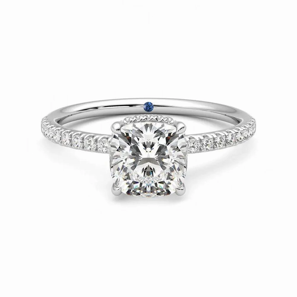 Polished Line Fine Detail Cushion Cut Moissanite Engagement Ring with Hidden Halo and Anniversary Stone Accent