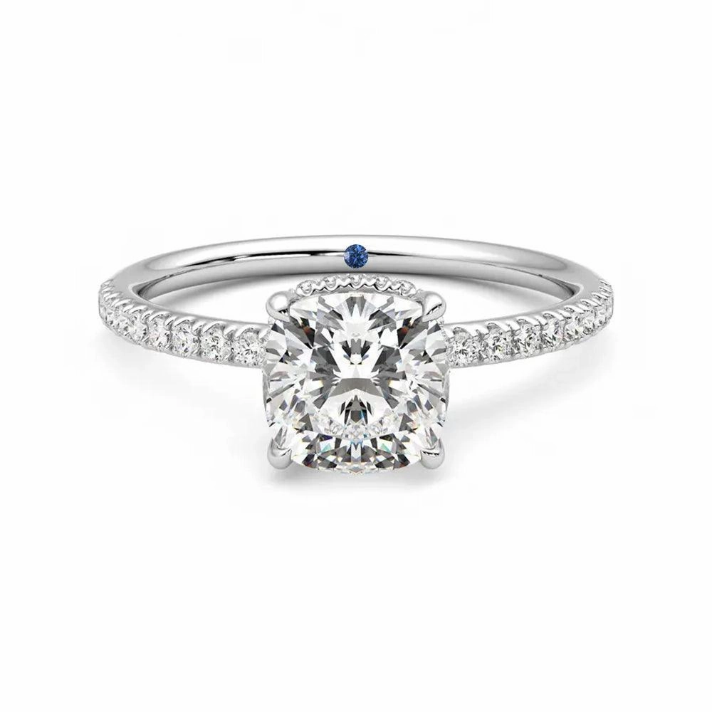 Dinner Party Cushion Cut Moissanite Engagement Ring with Hidden Halo and Anniversary Stone Accent