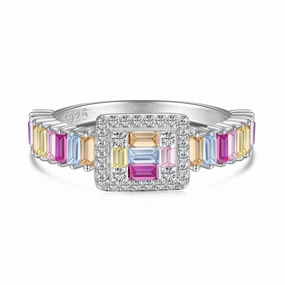 Sterling Silver Multicolor Baguette-Cut Gemstone and Diamond Halo Ring Minimalist Adornment