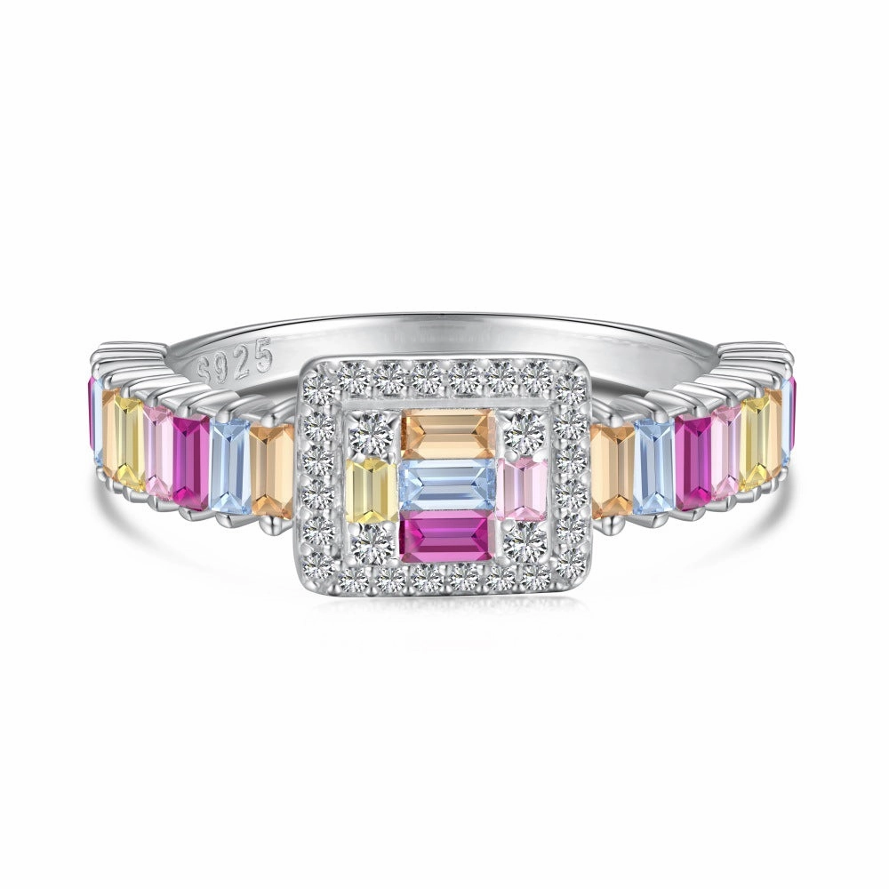 Sterling Silver Multicolor Baguette-Cut Gemstone and Diamond Halo Ring Refined Style Fashion Statement