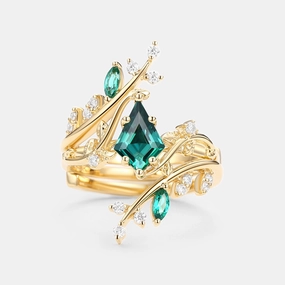 Unique Kite Cut Lab Emerald Cage Leafy Engagement Ring Sets 2pcs - Knight Vibrant Style Timeless Trend