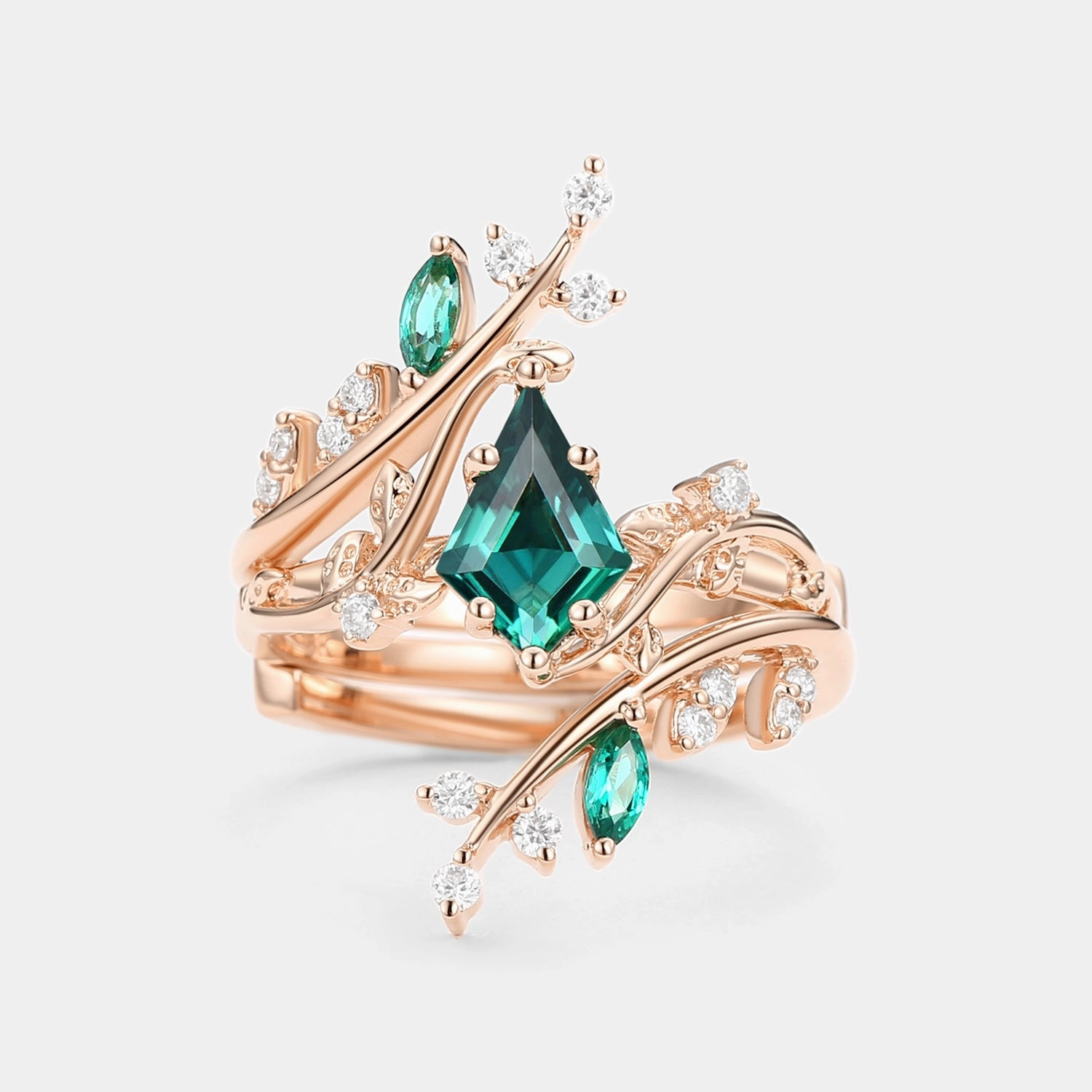 Unique Kite Cut Lab Emerald Cage Leafy Engagement Ring Sets 2pcs - Knight Unique Accessory Sculpted Design