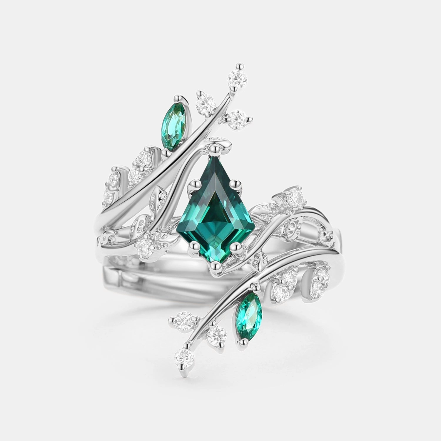 Unique Kite Cut Lab Emerald Cage Leafy Engagement Ring Sets 2pcs - Knight Sleek Detailing Exclusive Glow