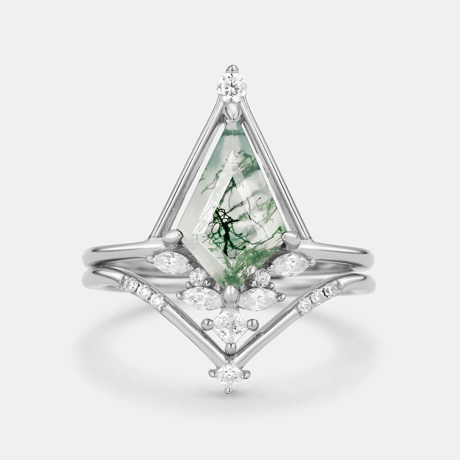 Special Day Handcrafted Highlight Unique Kite Cut Moss Agate & Moissanite Engagement Ring Set 2pcs - Rime