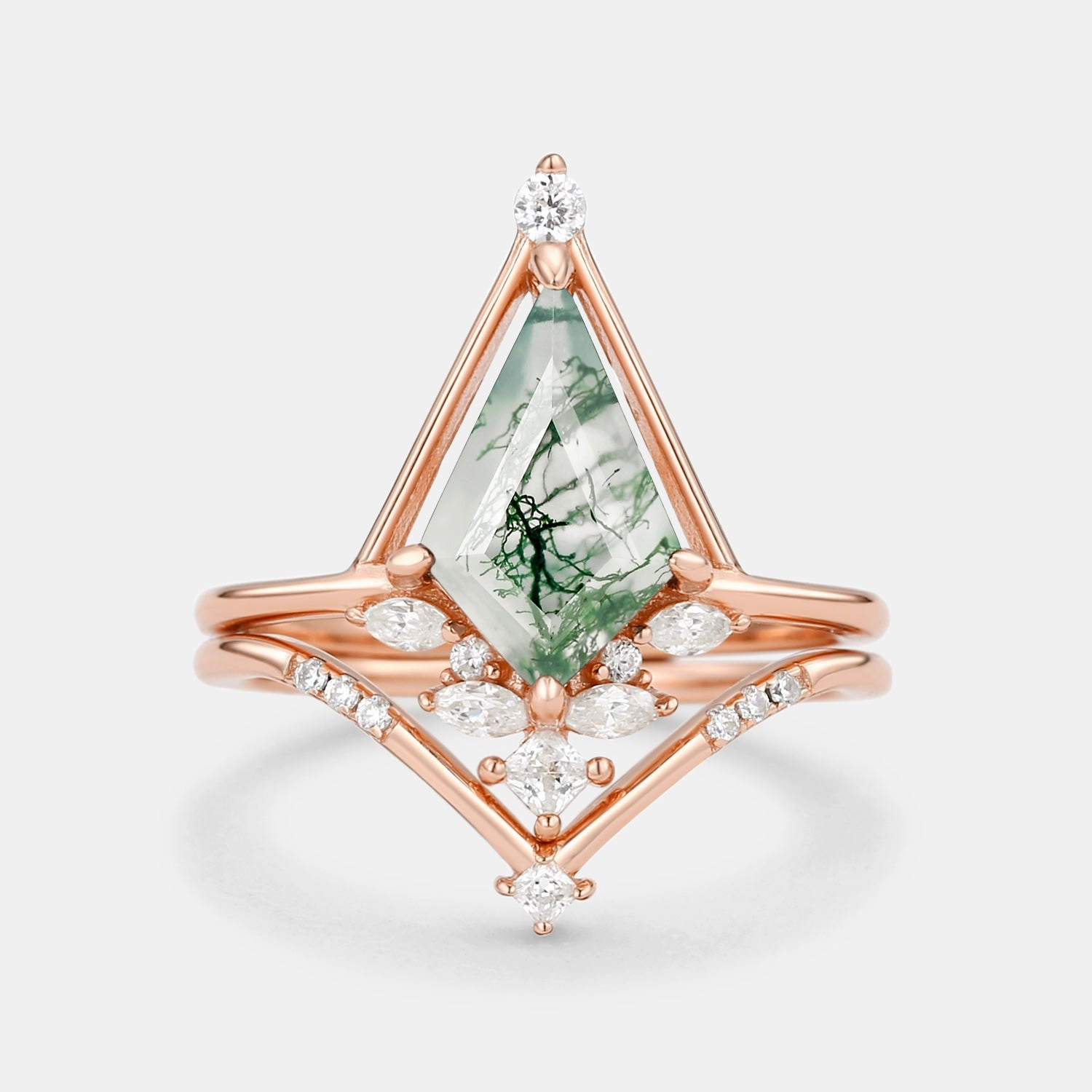 Evening Glamour Brilliant Edge Unique Kite Cut Moss Agate & Moissanite Engagement Ring Set 2pcs - Rime