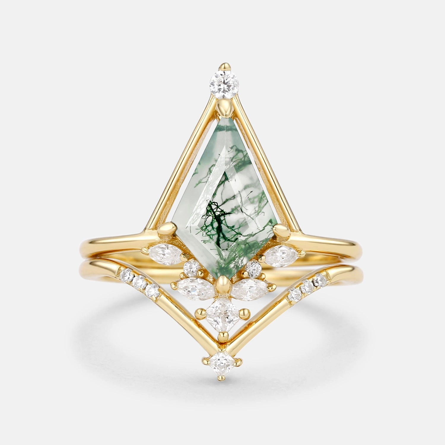 Engagement Style Unique Kite Cut Moss Agate & Moissanite Engagement Ring Set 2pcs - Rime
