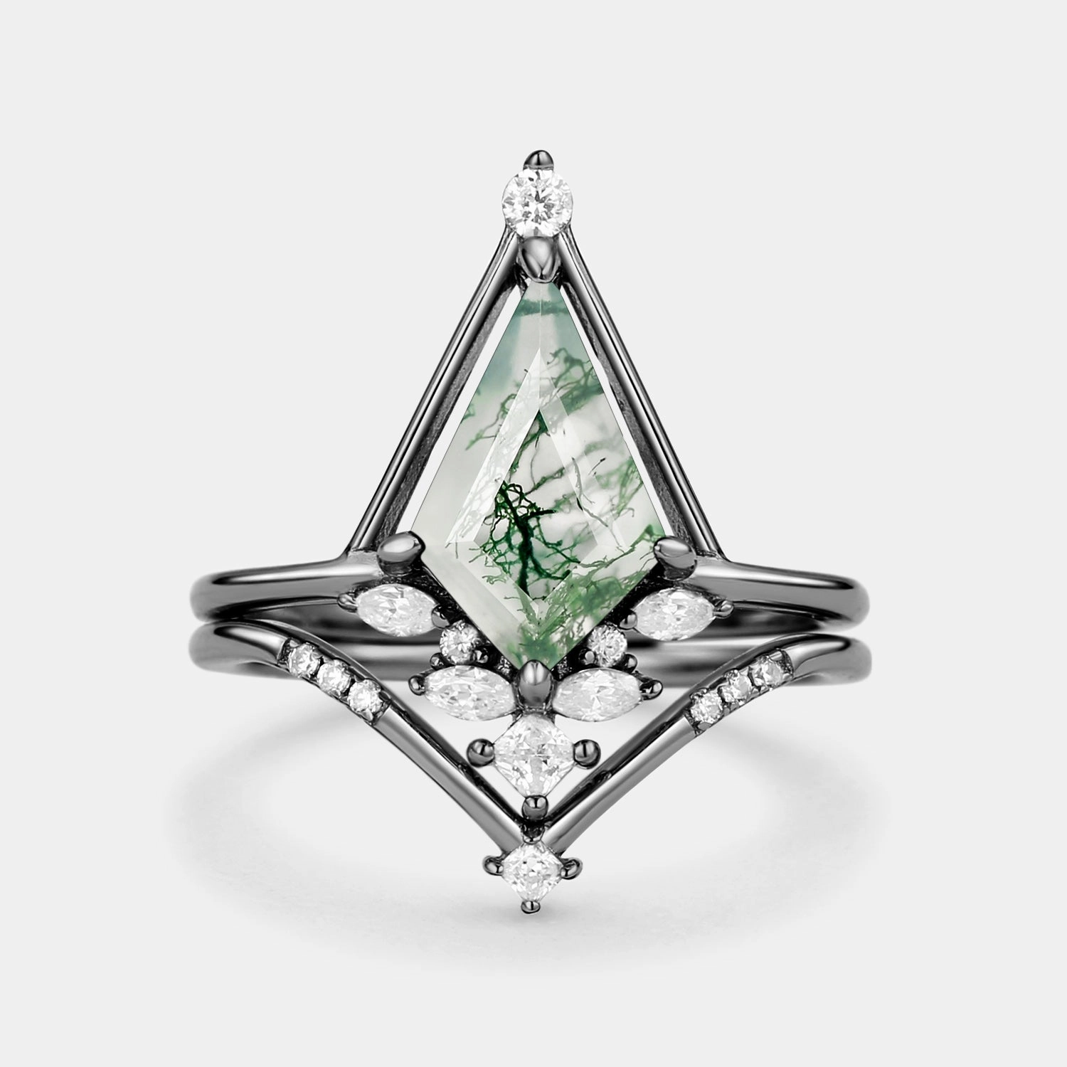 Trendy Accessory Shining Detail Unique Kite Cut Moss Agate & Moissanite Engagement Ring Set 2pcs - Rime