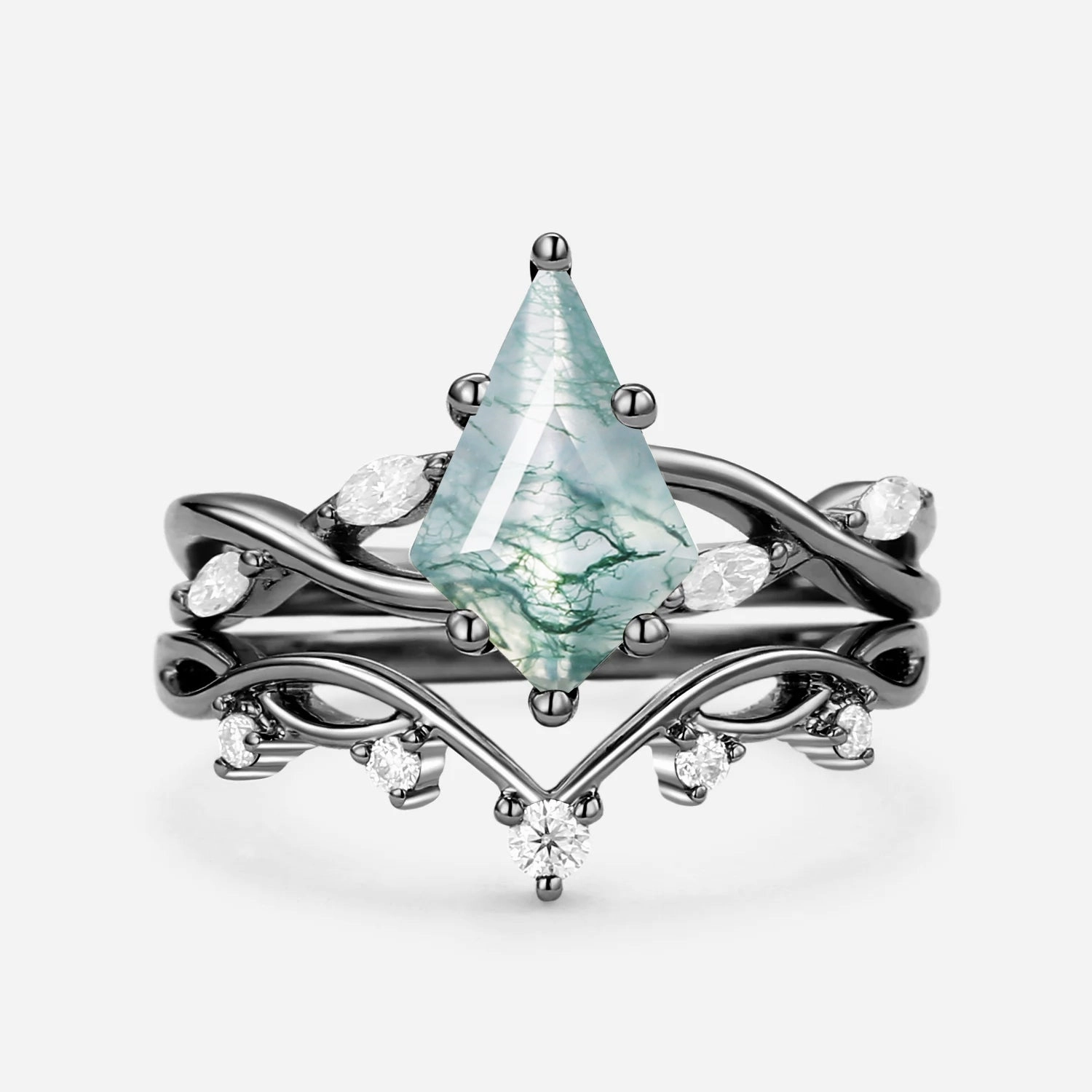 Bright Finish Statement Vibe Unique Kite Cut Moss Agate Infinity Engagement Ring Sets 2pcs