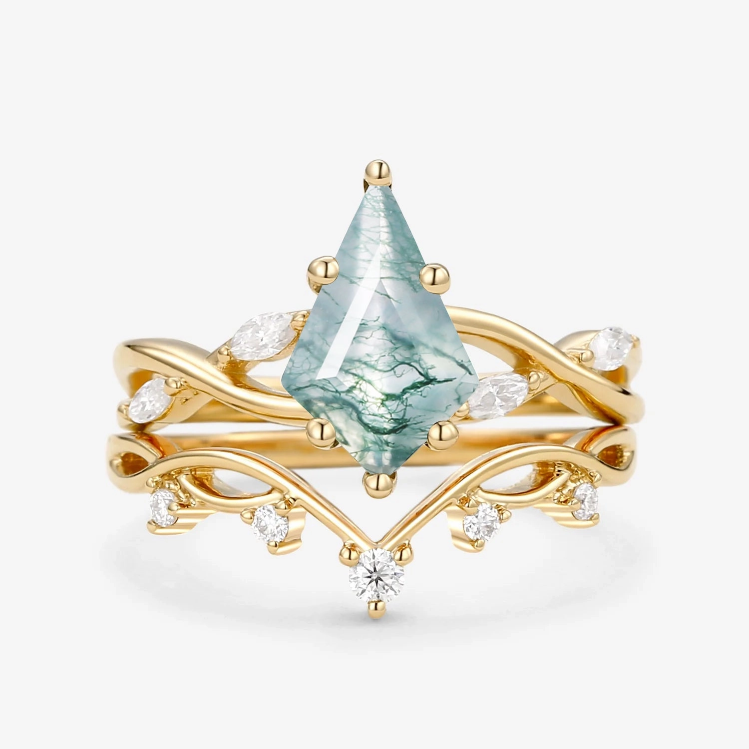 Unique Kite Cut Moss Agate Infinity Engagement Ring Sets 2pcs Elite Touch