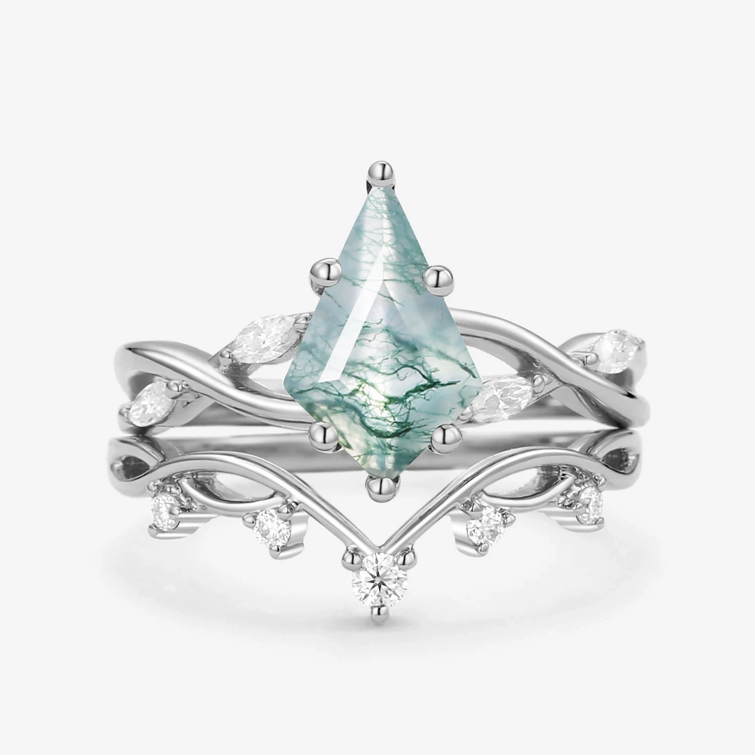 Stunning Style Charming Accessories Unique Kite Cut Moss Agate Infinity Engagement Ring Sets 2pcs
