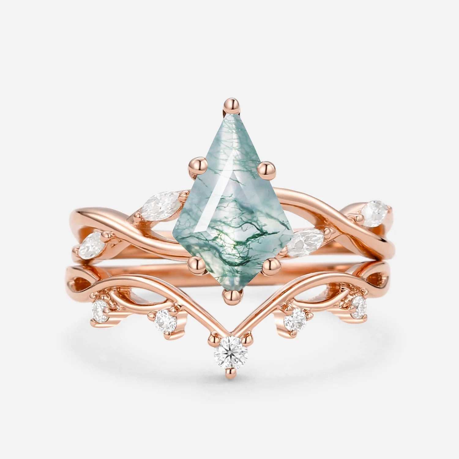Charming Craft Unique Kite Cut Moss Agate Infinity Engagement Ring Sets 2pcs