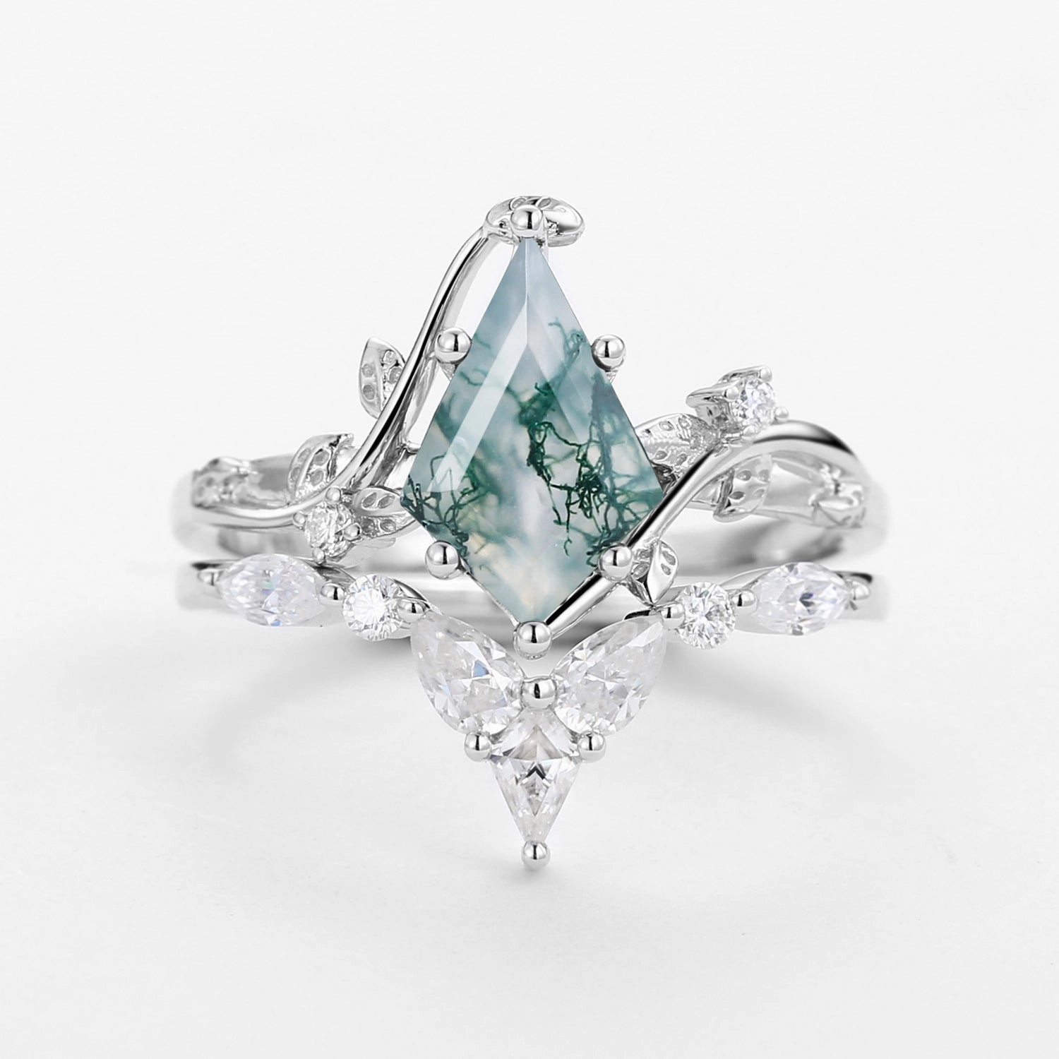 Understated Finish Romantic Look Unique Kite Cut Moss Agate Vine Engagement Ring Sets 2pcs