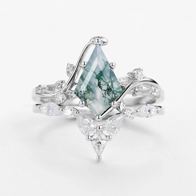 Understated Finish Romantic Look Unique Kite Cut Moss Agate Vine Engagement Ring Sets 2pcs