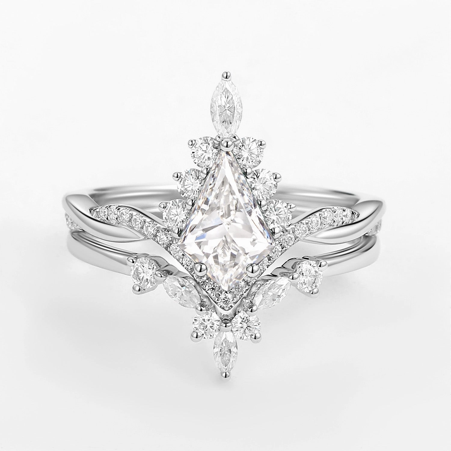 Unique Moissanite Kite Shape Engagement Ring Sets 2pcs Sunset Look