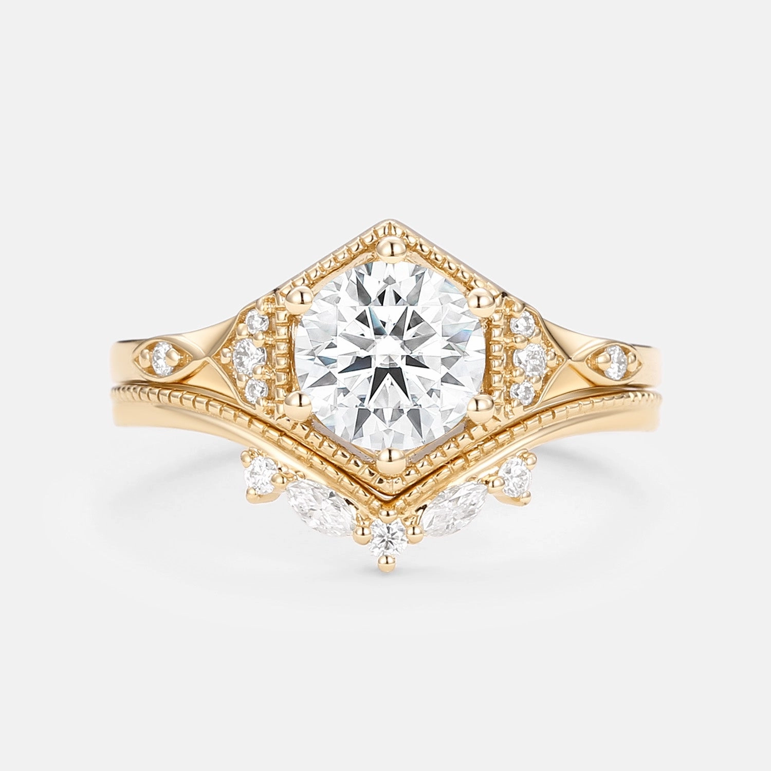 Precious Design Unique Moissanite Yellow Gold Ring Set 2pcs