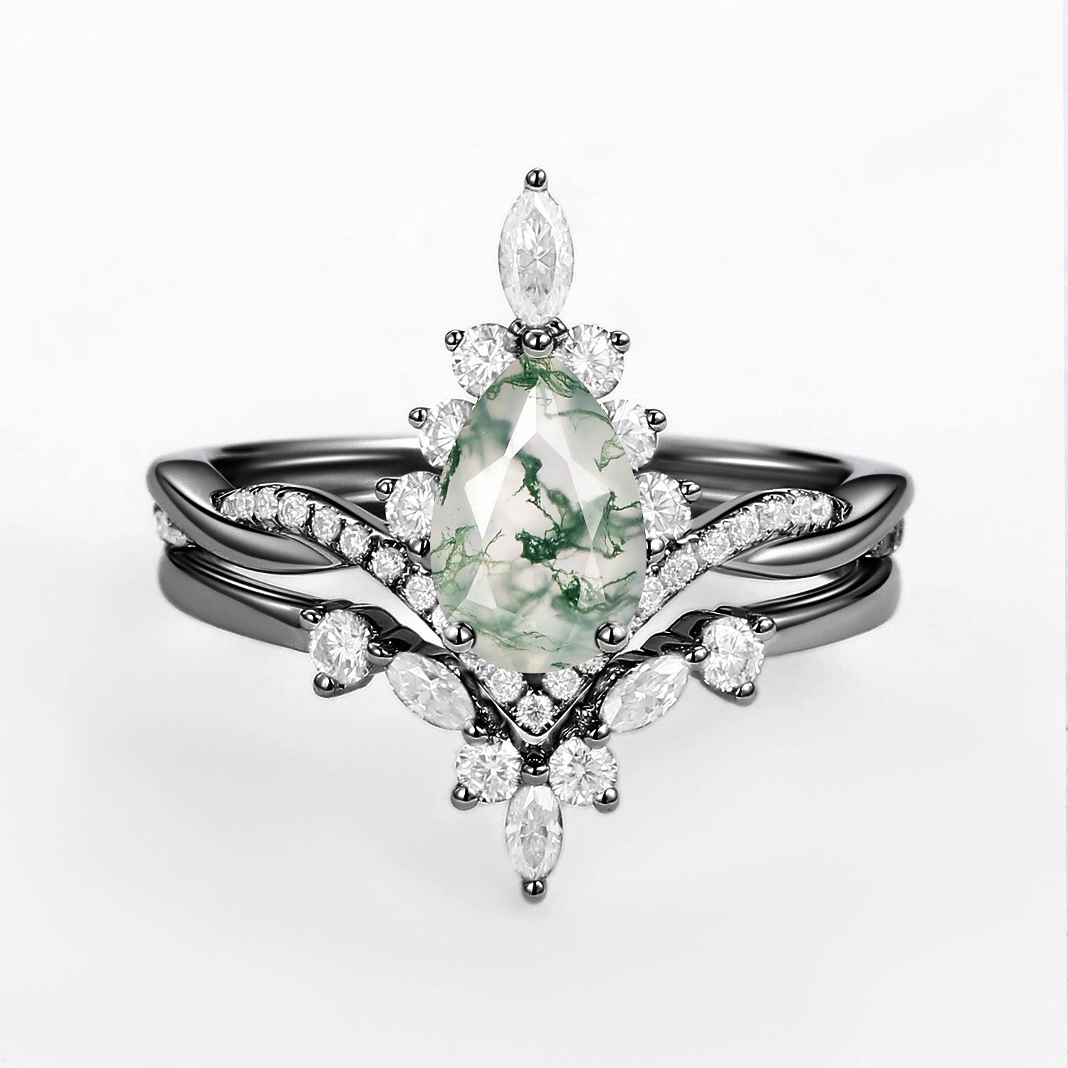 Radiant Jewelry Shine Understated Mood Unique Moss Agate Pear Shape Engagement Ring Sets 2pcs