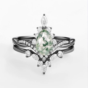 Radiant Jewelry Shine Understated Mood Unique Moss Agate Pear Shape Engagement Ring Sets 2pcs