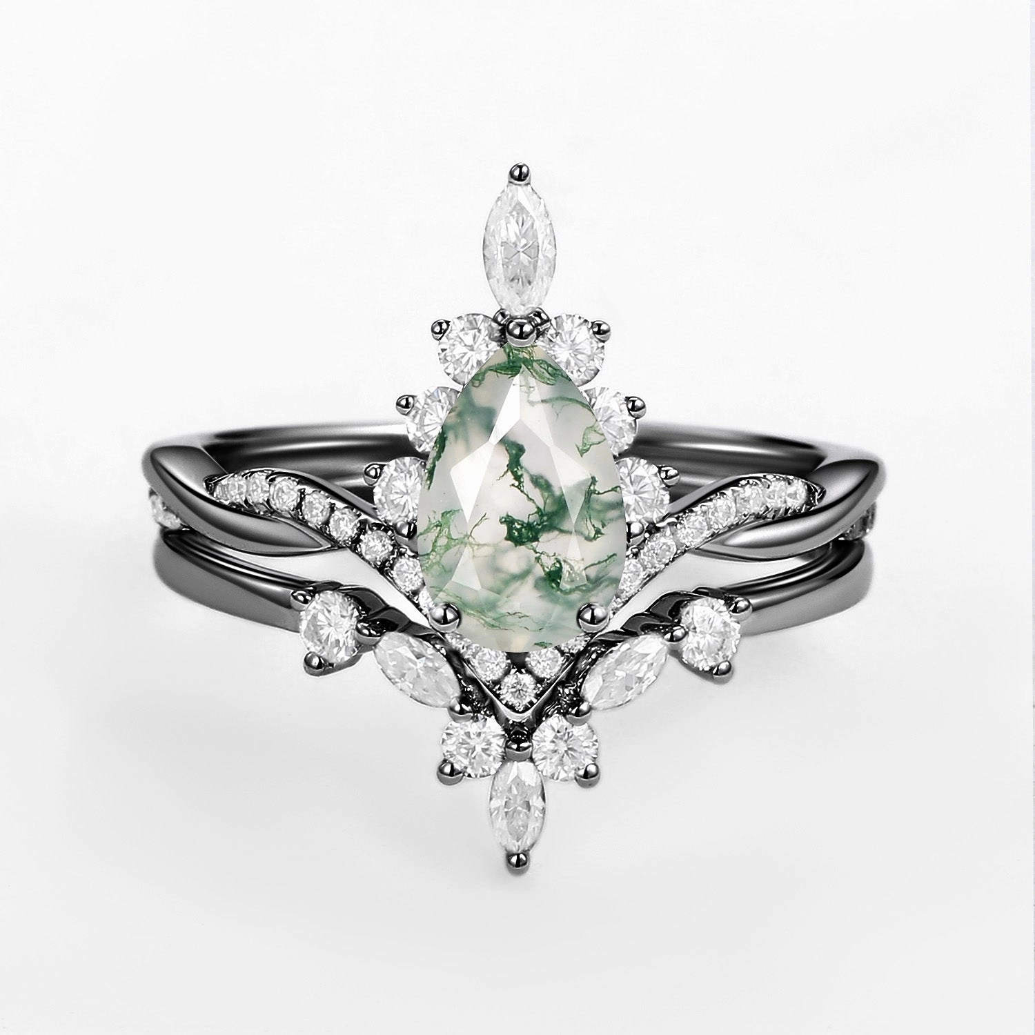 Everyday Shine Unique Moss Agate Pear Shape Engagement Ring Sets 2pcs
